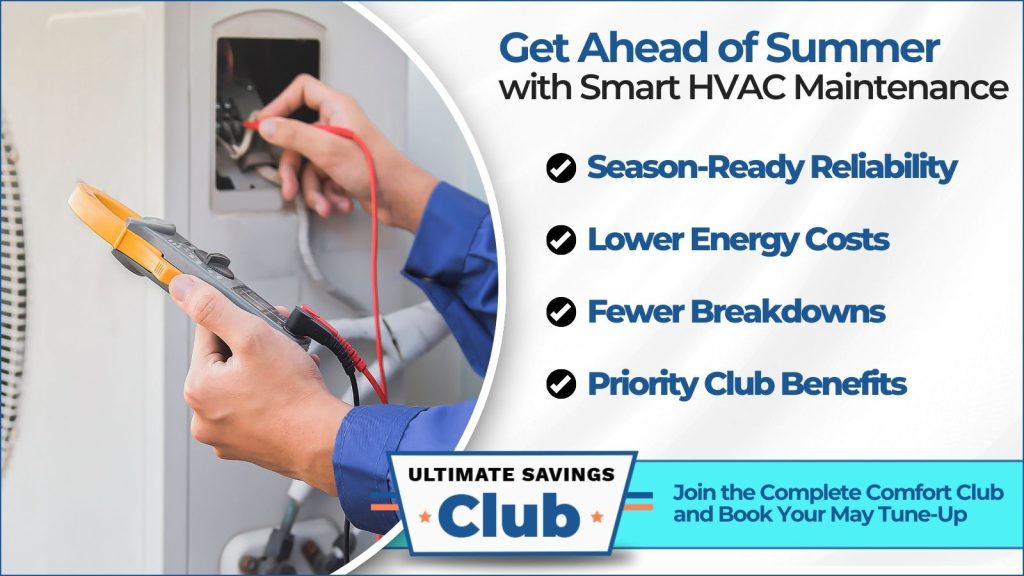 This is an image of an HVAC technician servicing an AC unit. The headline reads get ahead of summer with smart HVAC maintenance.