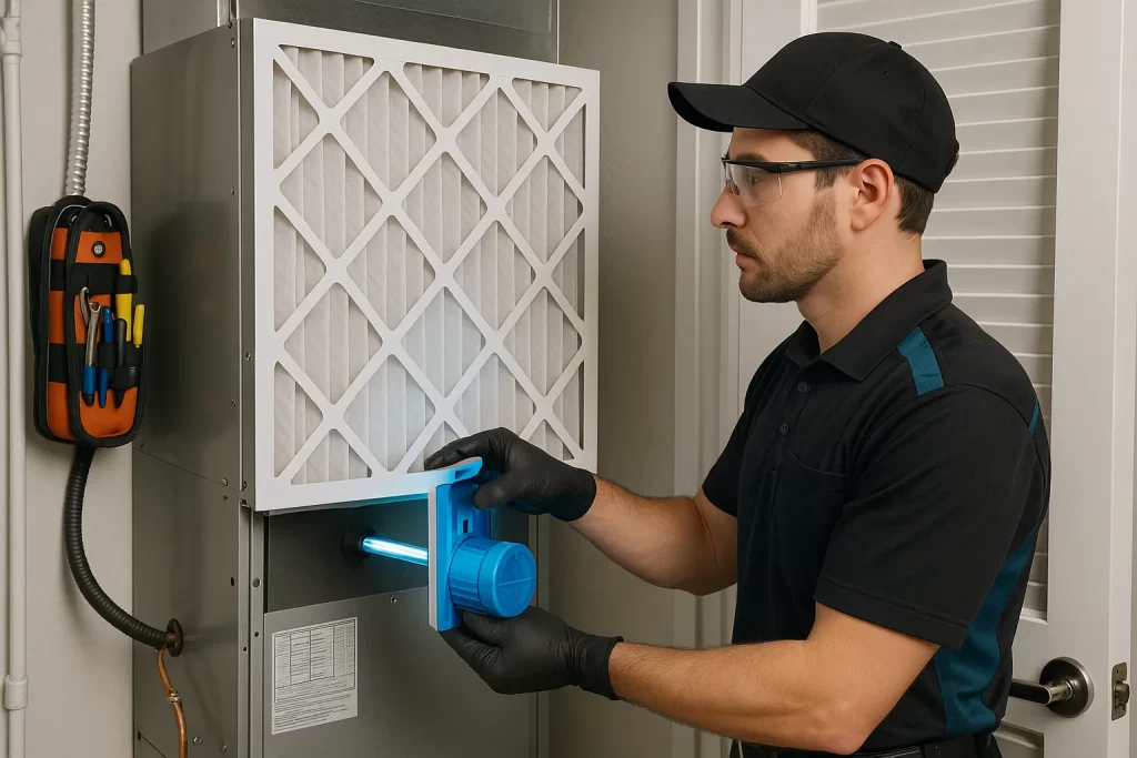 HVAC tech working on a air filter.