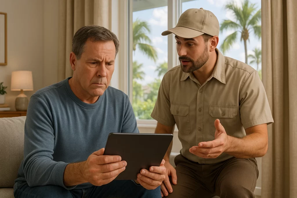 Homeowner and HVAC technician discussing energy-efficient AC upgrade in Melbourne living room.