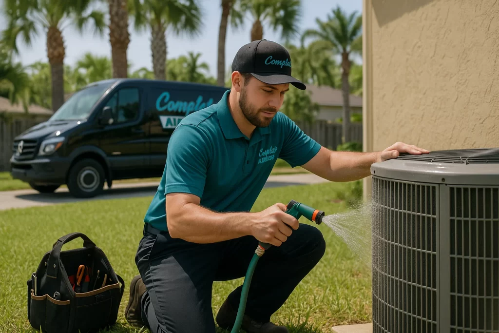 Technician cleaning pollen from outdoor AC condenser coils in Florida yard.