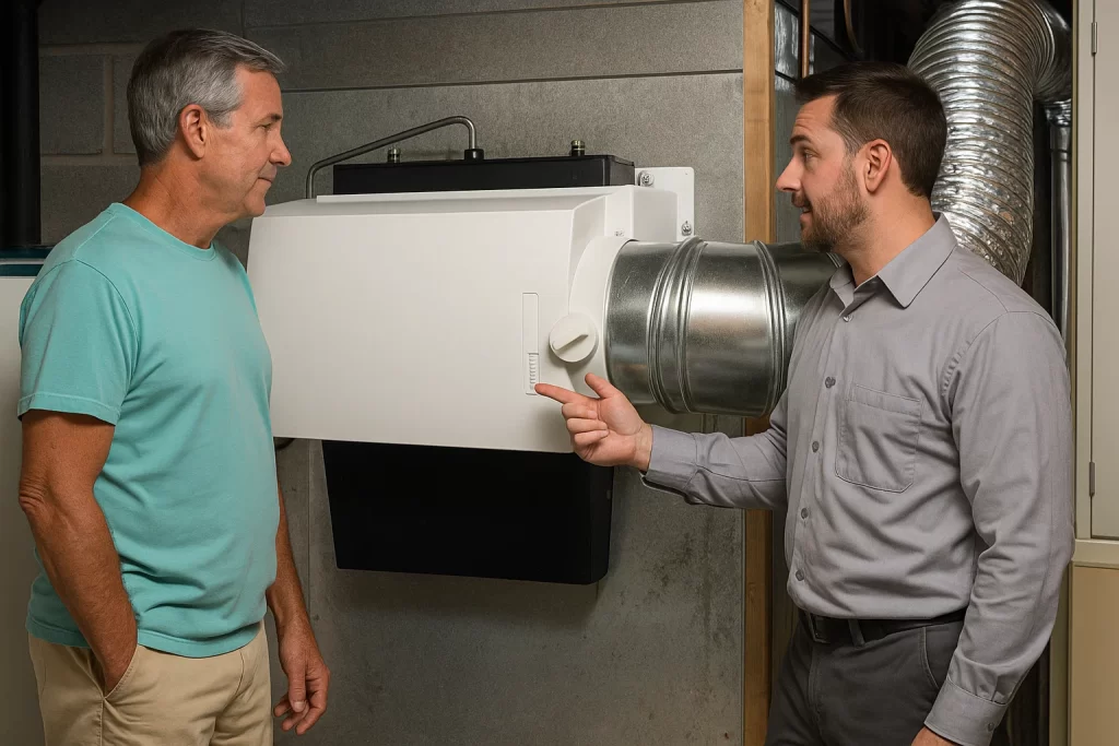 Homeowner and HVAC tech discussing humidity control near whole home humidifier.