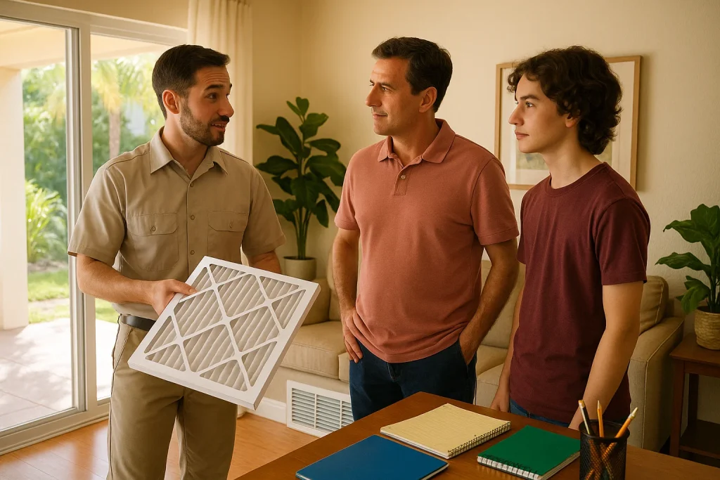 Florida parent and teen review air quality filter with HVAC tech during back-to-school season