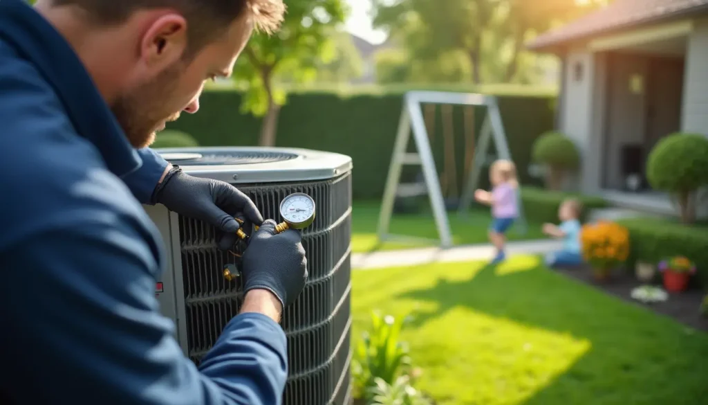 HVAC technician checks refrigerant pressure at outdoor condenser in residential backyard