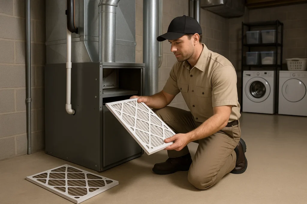 HVAC technician cleaning the furnace filter and a residential basement
