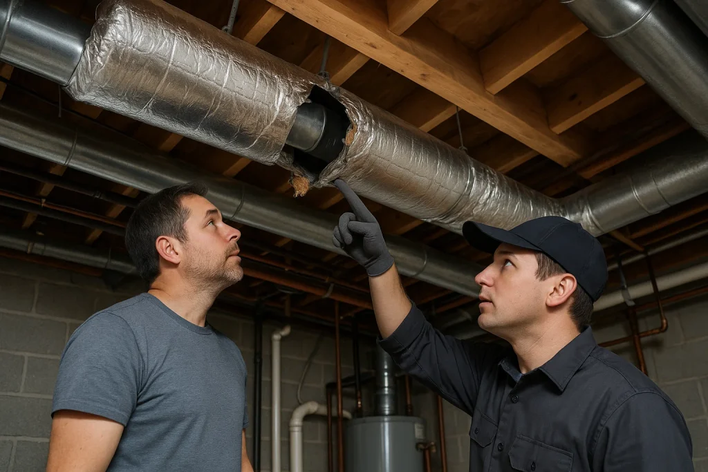 Homeowner and technician inspecting damaged uninsulated ducts needing repair
