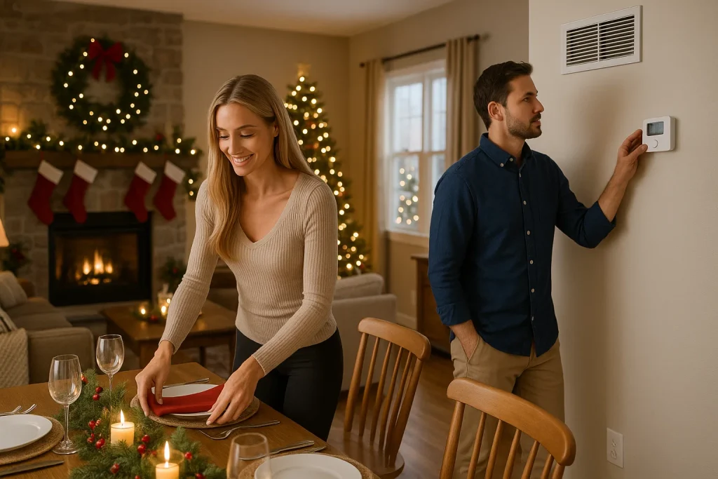 homeowner and technician checking thermostat and vents in festive hosting living room