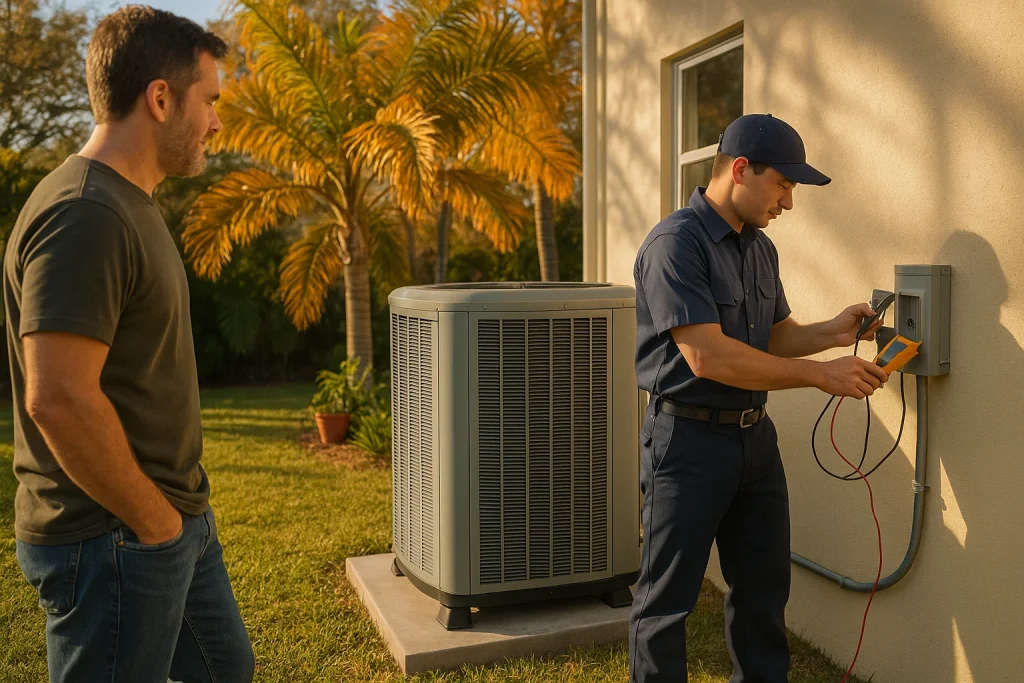 Technician inspecting a Florida heat‑pump outdoor unit during cool‑season HVAC readiness visit.
