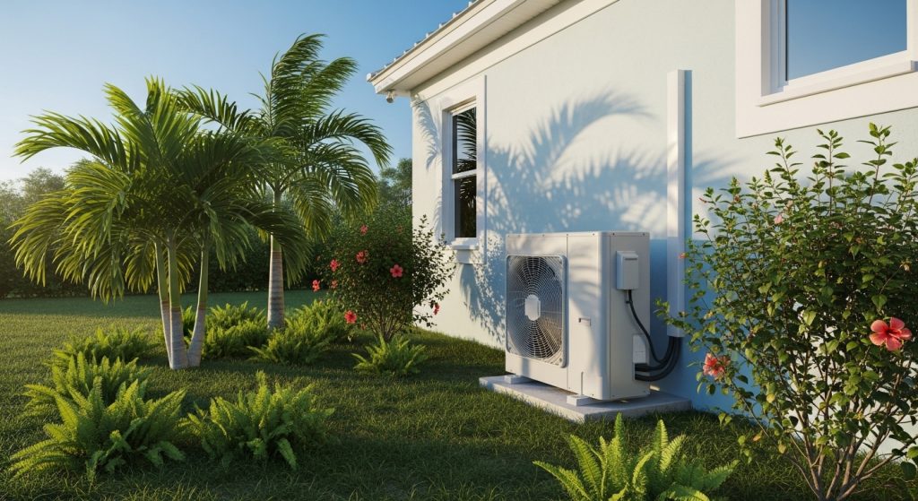 An outdoor heat pump against the side of a Florida home in winter