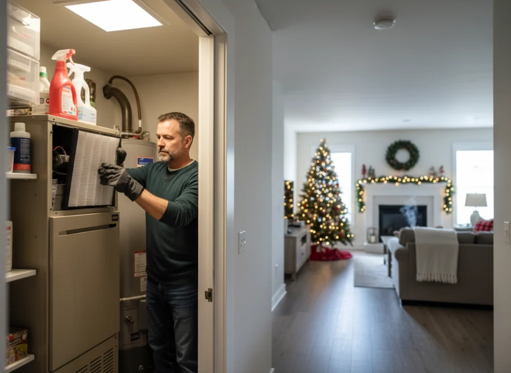 Homeowner replacing furnace air filter before winter with thermostat set for heating