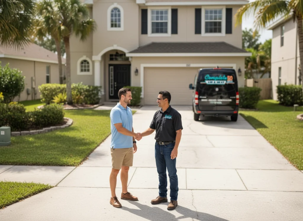 An image of a homeowner and a complete heat and air technician shaking hands in the driveway