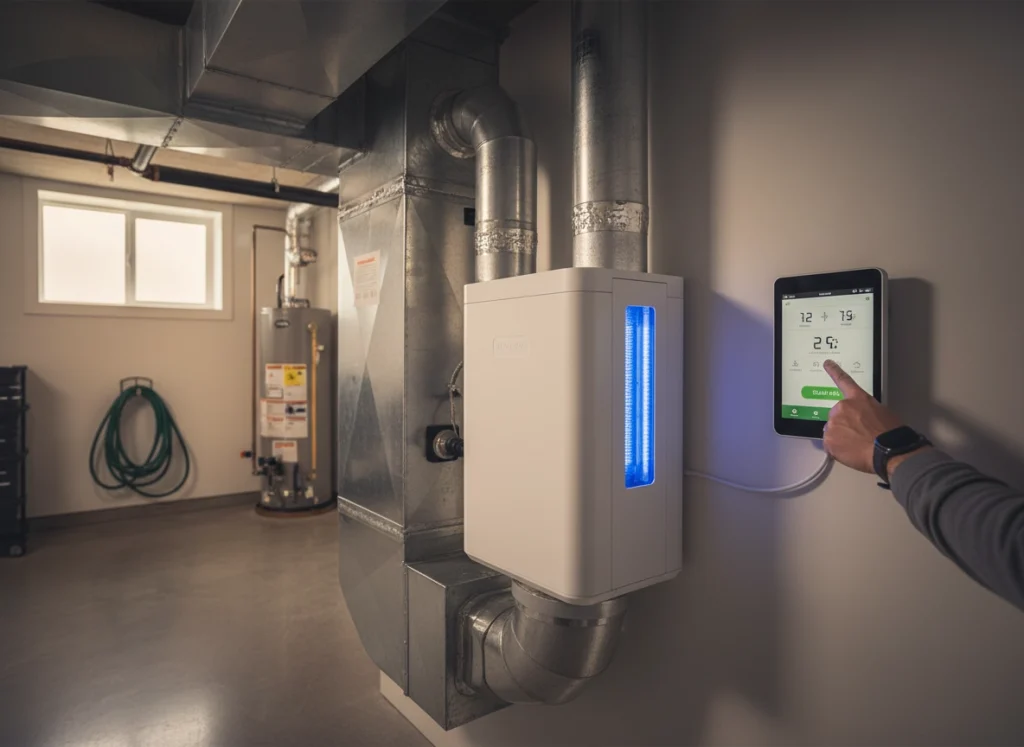 Whole‑home air purifier and UV air cleaner installed near HVAC return duct in tidy basement utility room