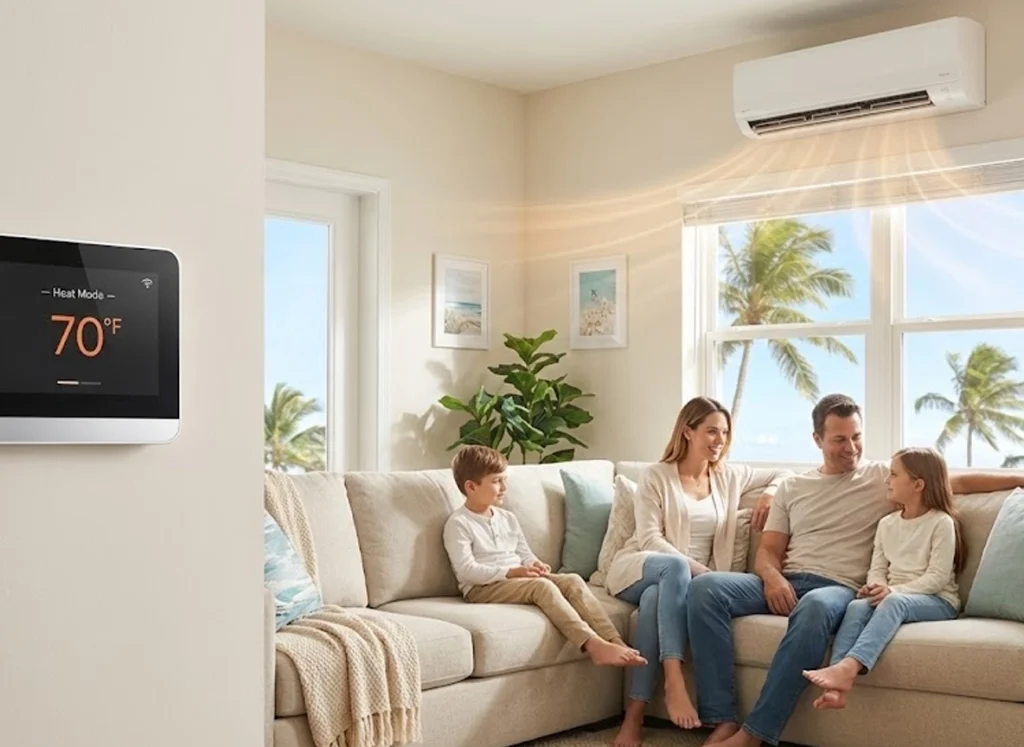 Florida family enjoying comfortable indoor warmth from a heat pump on a mild winter day with palms outside.