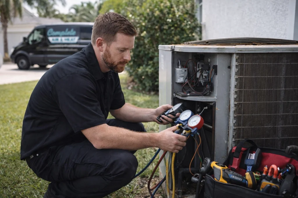 HVAC technician inspects old AC unit