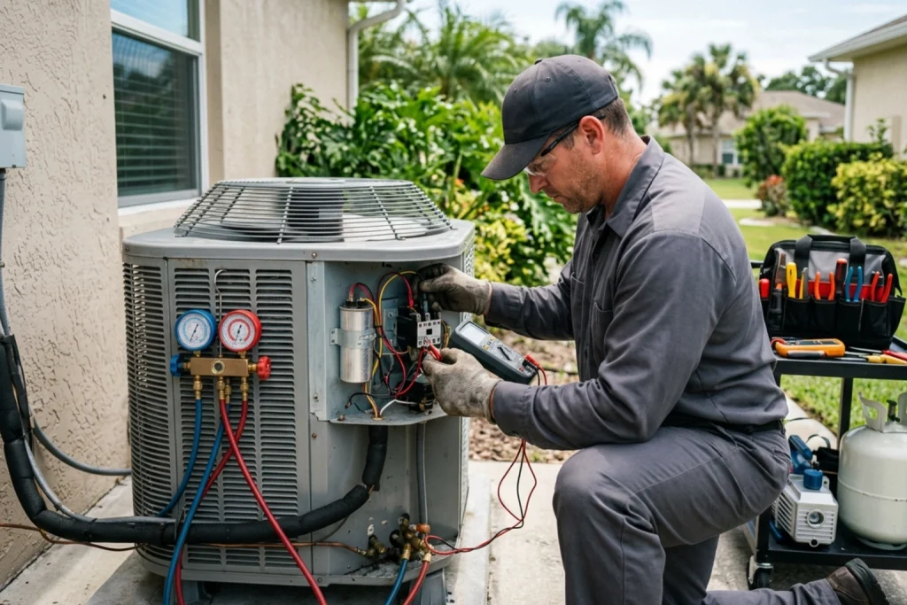 HVAC technician diagnosing AC issues in hot humid weather