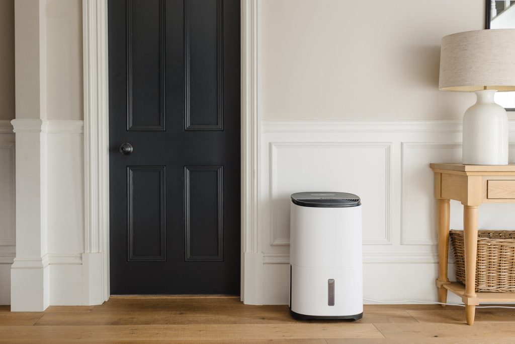 Dehumidifier and Air Purifier extracting excess moisture and purifying the air in modern stylish hallway with white panel interior design and dark blue doors.