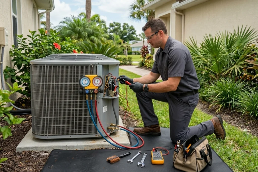 HVAC technician inspecting coastal Florida AC unit