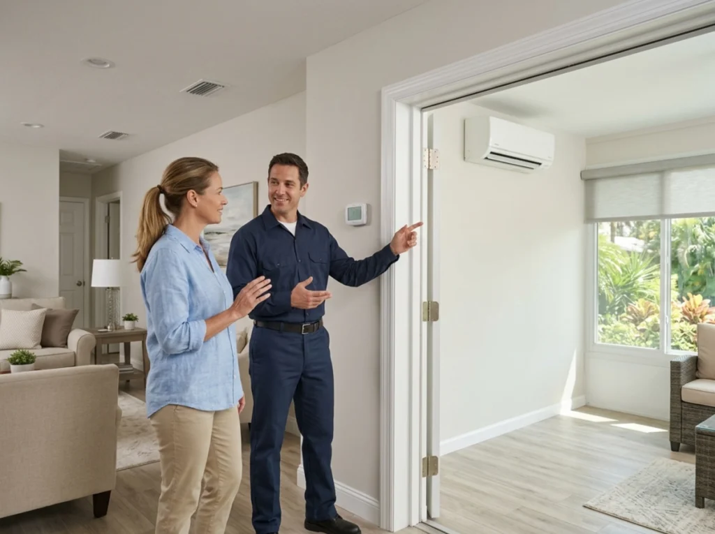 Melbourne homeowner comparing central AC and ductless cooling options.