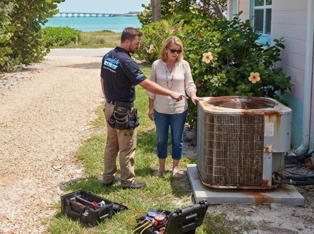 HVAC technician showing salt air corrosion on Melbourne condenser