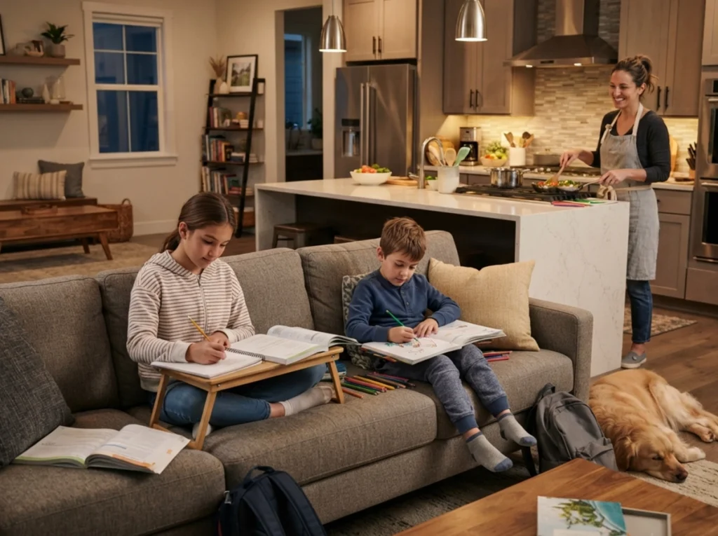Kids happily doing their homework in a clean air and stress-free environment