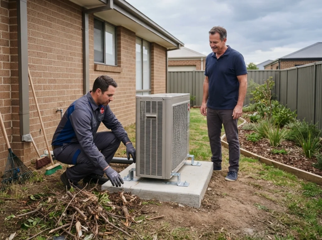 Melbourne homeowner preparing an outdoor AC unit for hurricane season