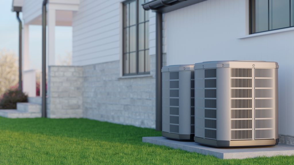 A modern American house with an air source heat pump system. Residential building exterior with energy-efficient HVAC technology